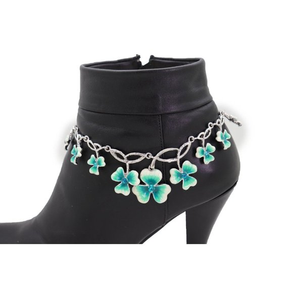 Women Silver Metal Chain Boot Bracelet Shoe Bright Baby Blue Clover Flower Charm - Picture 3 of 12